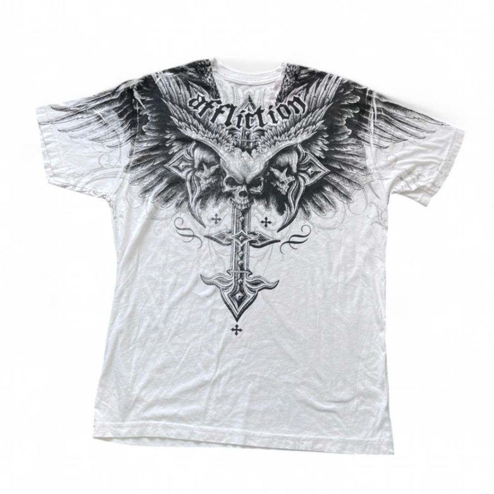 Affliction White and Black Eagle Cross Graphic Tee - Men's Shirt